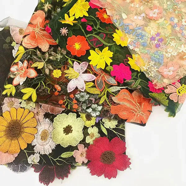 Wholesale Embroidery Birds And Flowers Pattern Chemical Lace Embroidery Tulle Fabric