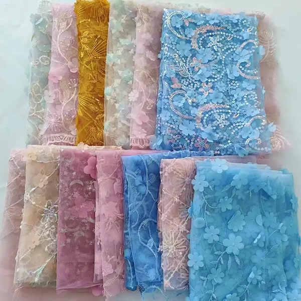 Wholesale Embroidery Birds And Flowers Pattern Chemical Lace Embroidery Tulle Fabric