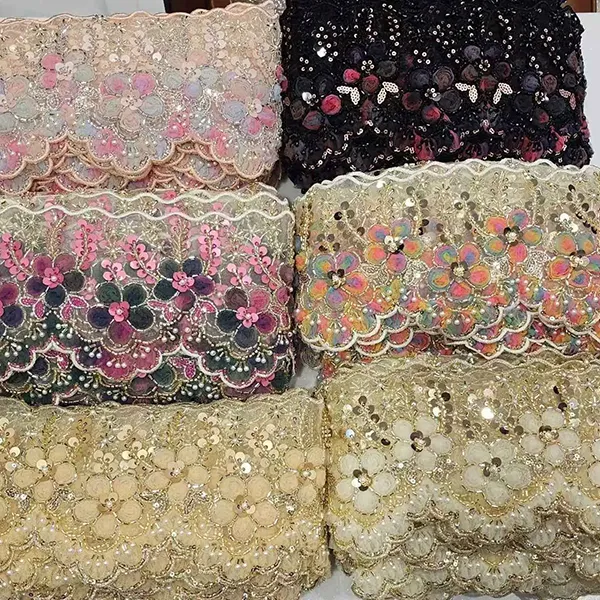 Flerfarvet broderet blonde med 3D mesh blomsterbånd Perlerør stregkode broderi blonder